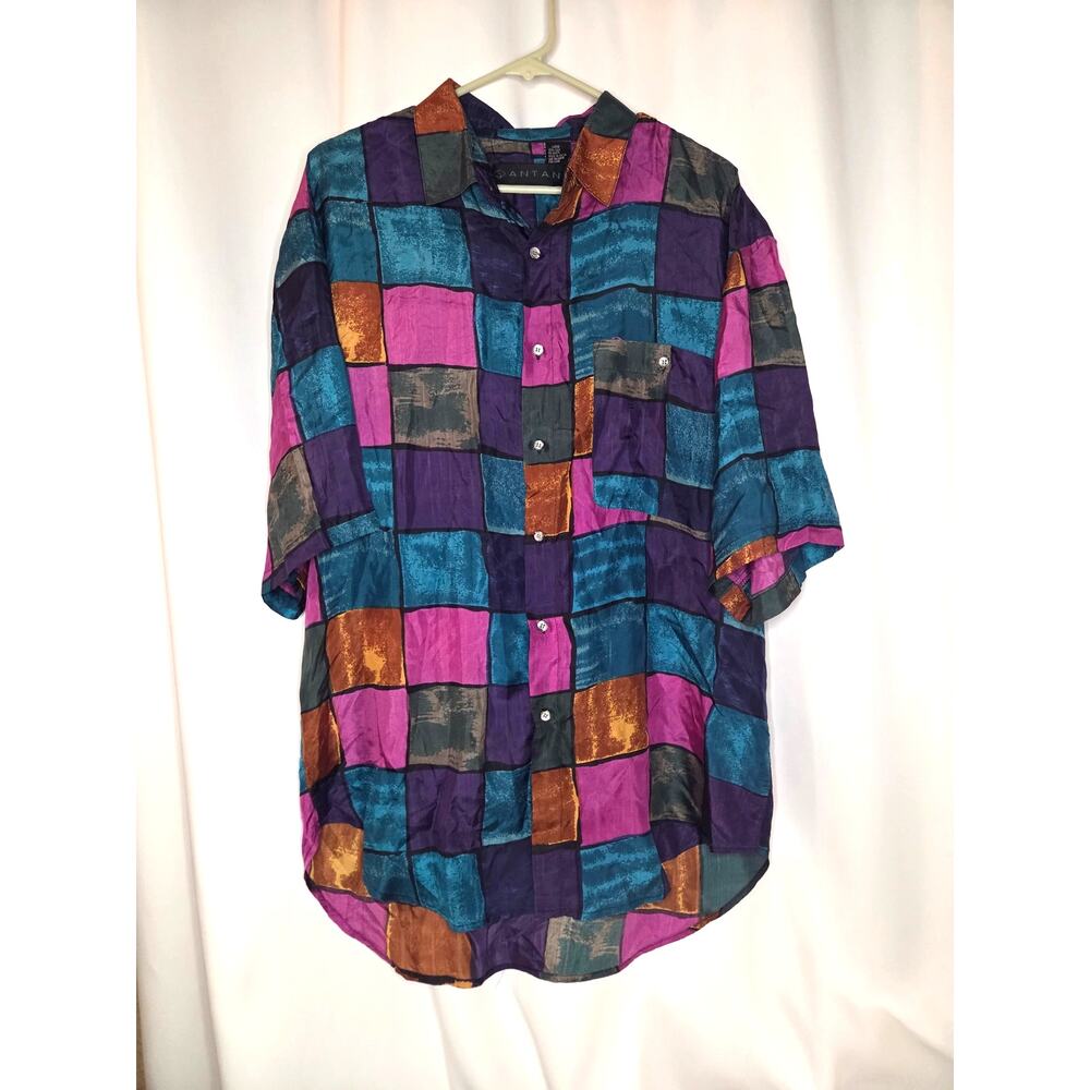 VTG Santana 100% Silk Geometric Patchwork Jewel Tone Grandpacore Colorblock 90s